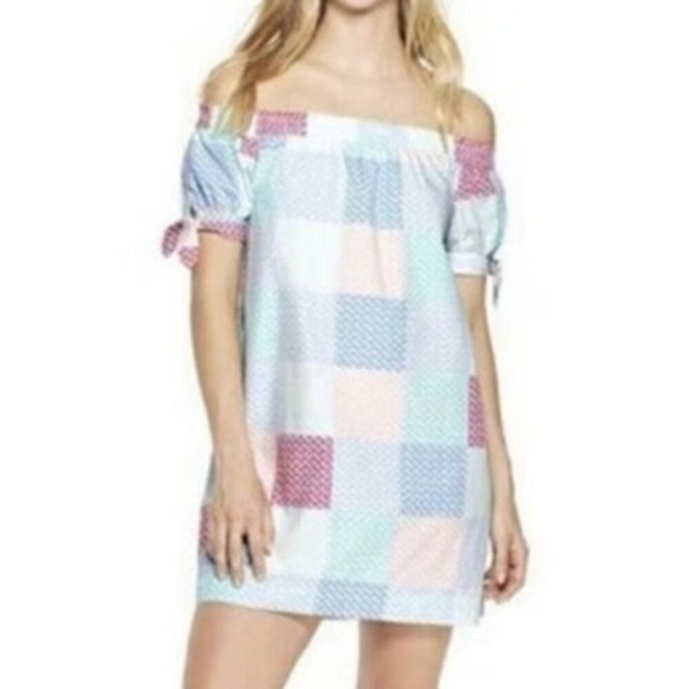 Vineyard Vines x Target Whale Patchwork Print Off the Shoulder Mini Dress SMALL
